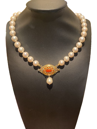 White Pearl Necklace with red pendant